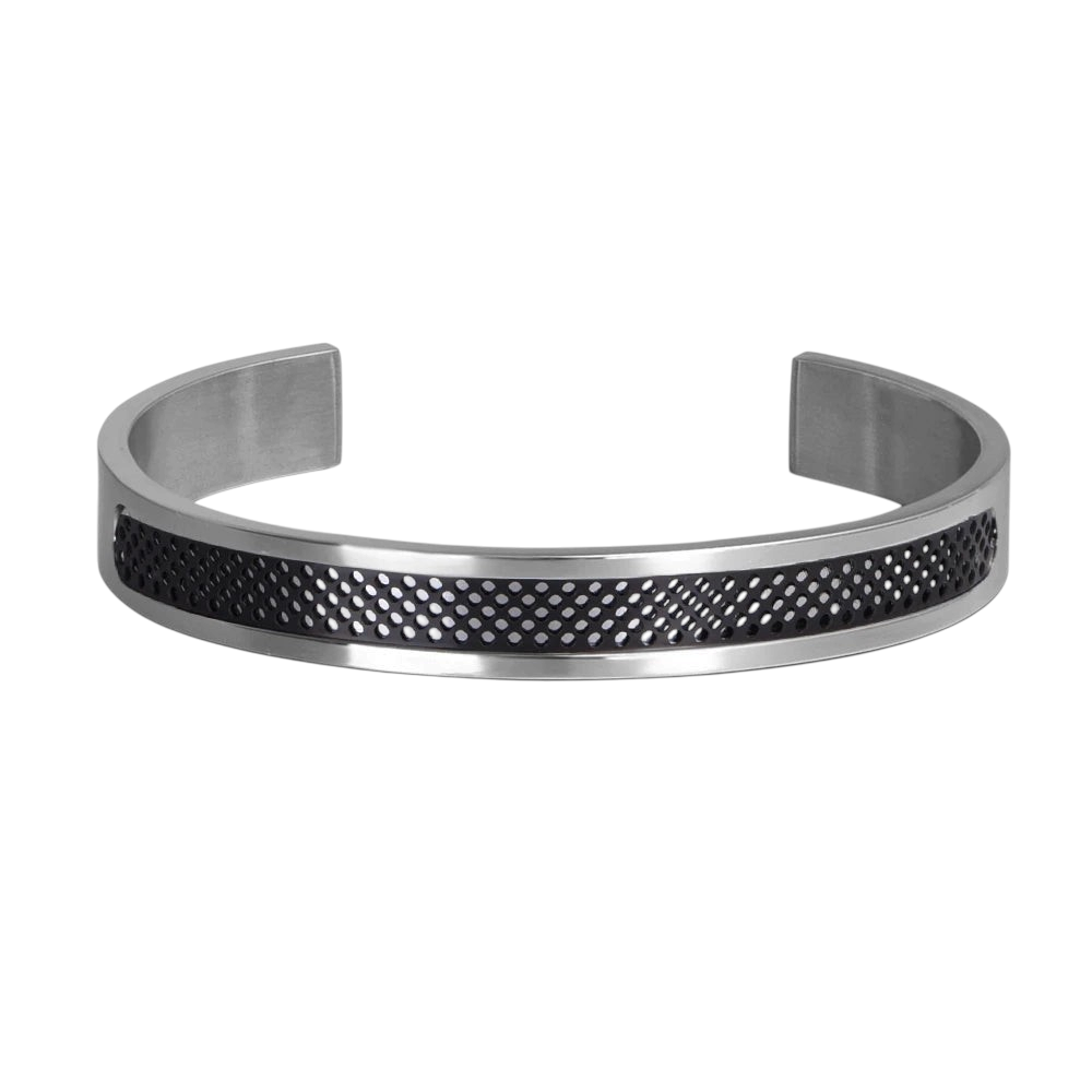 Aureliss Noah Armreif aus Edelstahl in Silber mit schwarzem, perforiertem Mittelstreifen für Herren.