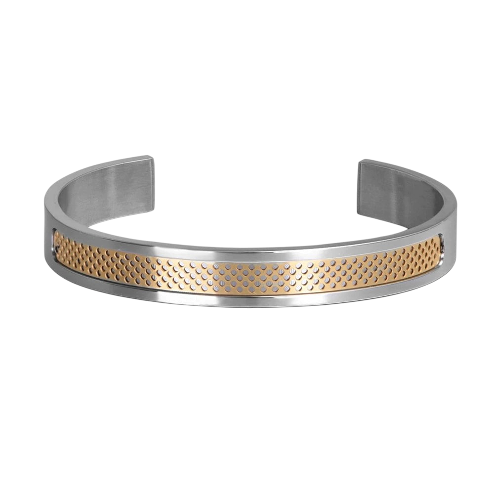 Aureliss Noah Armreif aus Edelstahl in Silber und Gold mit perforiertem Muster, verstellbar für 18-20 cm Umfang