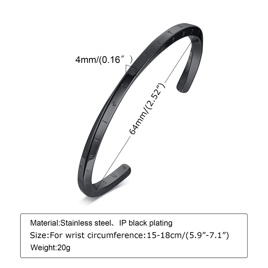 Aureliss Ryder Manschettenarmband aus schwarzem Edelstahl mit eingravierten Runen im offenen Design