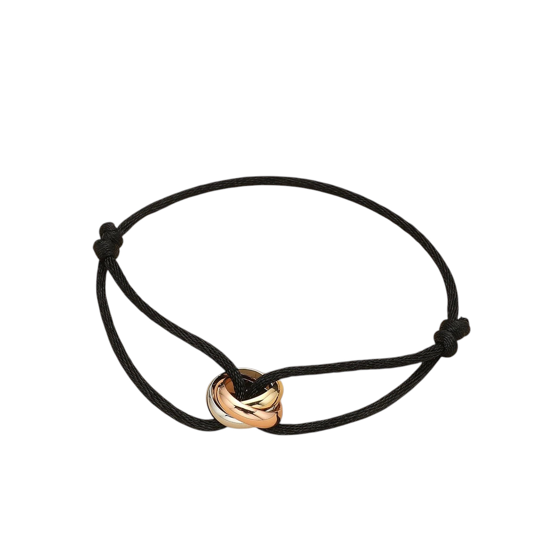 Aureliss Cruz Armband aus schwarzem Textilseil mit drei ineinander verschlungenen Ringen aus Edelstahl