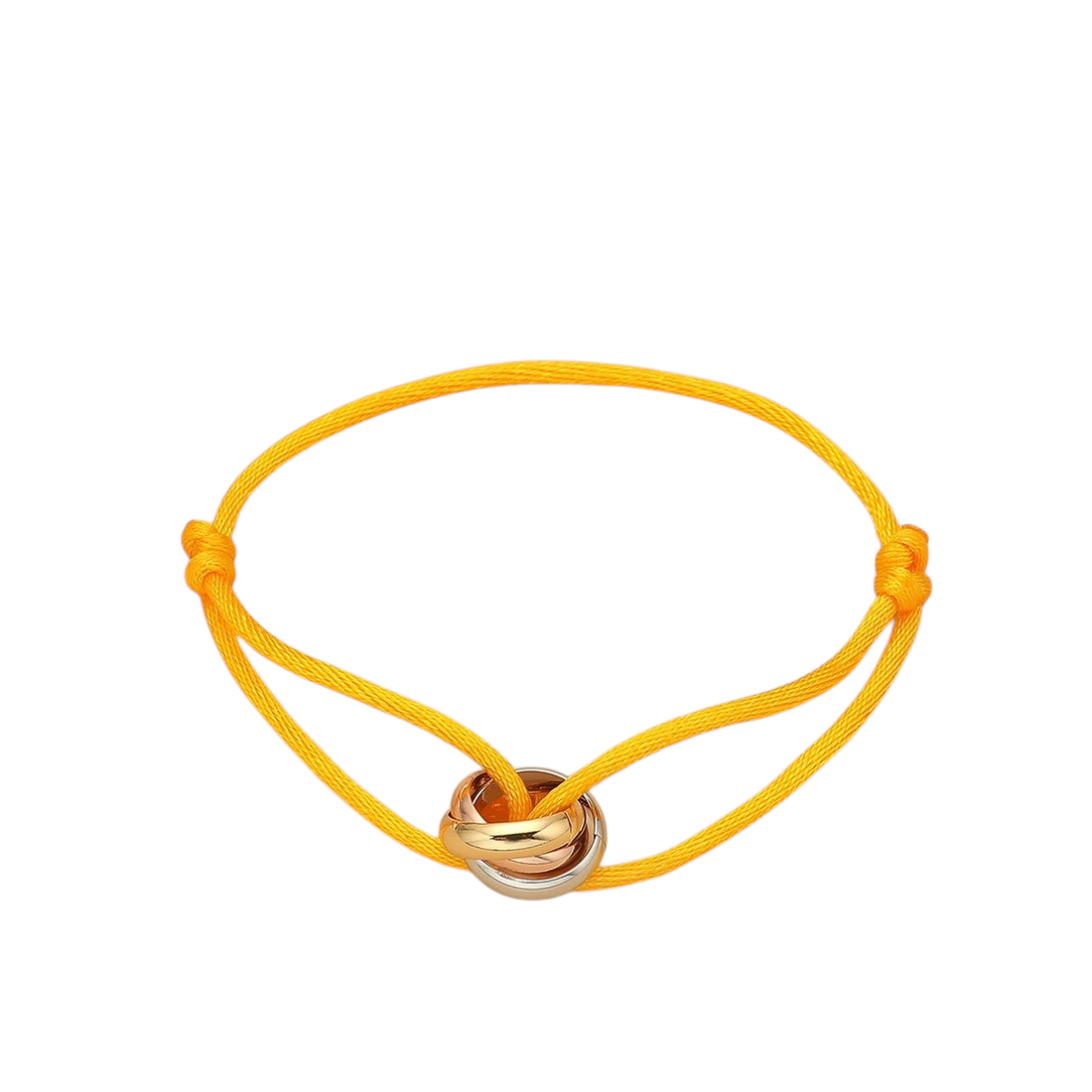 Aureliss Cruz Armband aus gelbem Textilseil mit drei ineinander verschlungenen Edelstahlringen in Goldoptik