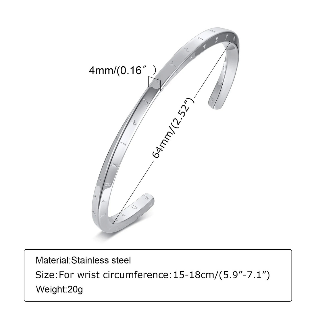 Aureliss Ryder Manschettenarmband aus silberfarbenem Edelstahl mit eingravierten Runen und Maßangaben