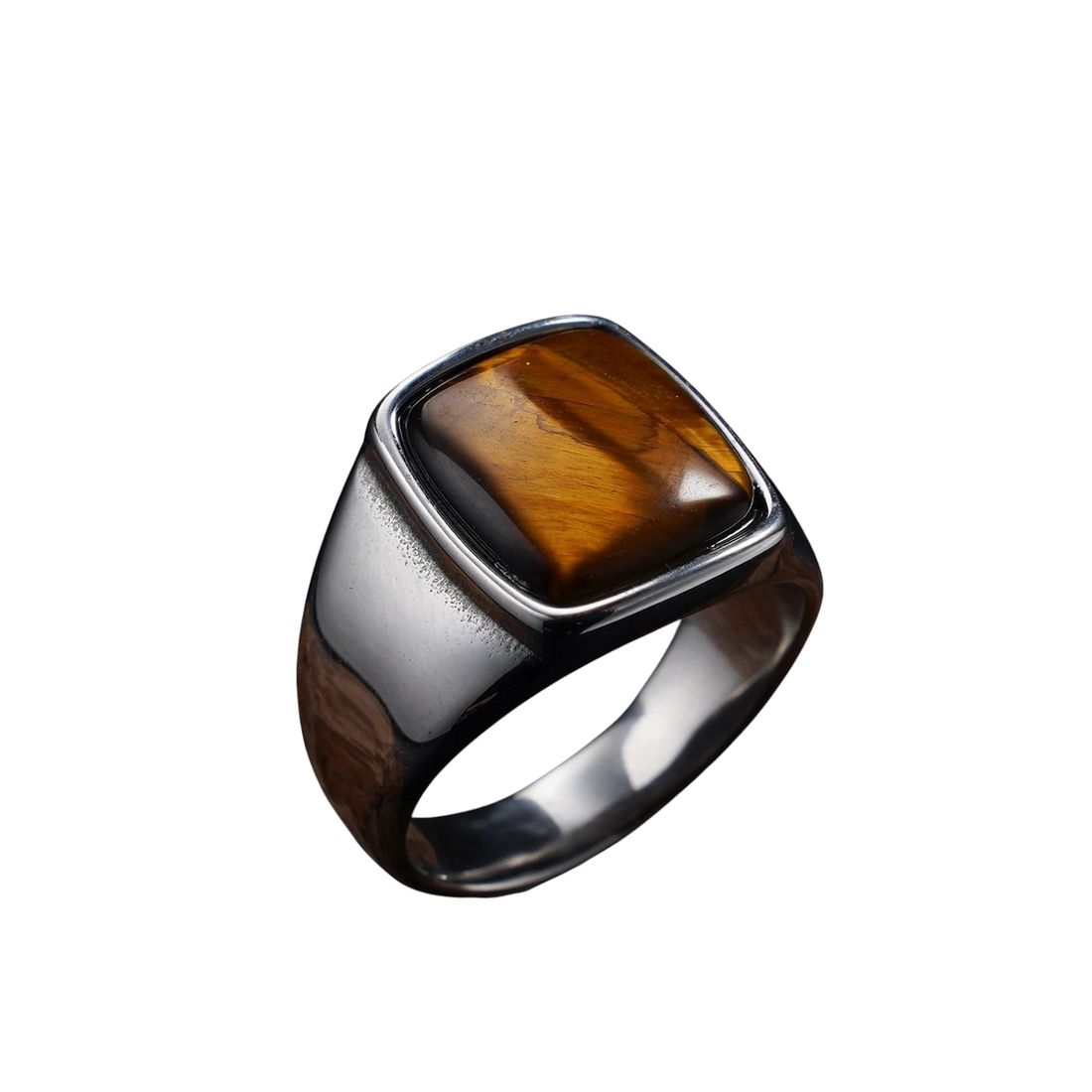 Aureliss Herrenring aus silberfarbenem Edelstahl mit quadratischem Tigerauge-Edelstein im eleganten Business-Stil