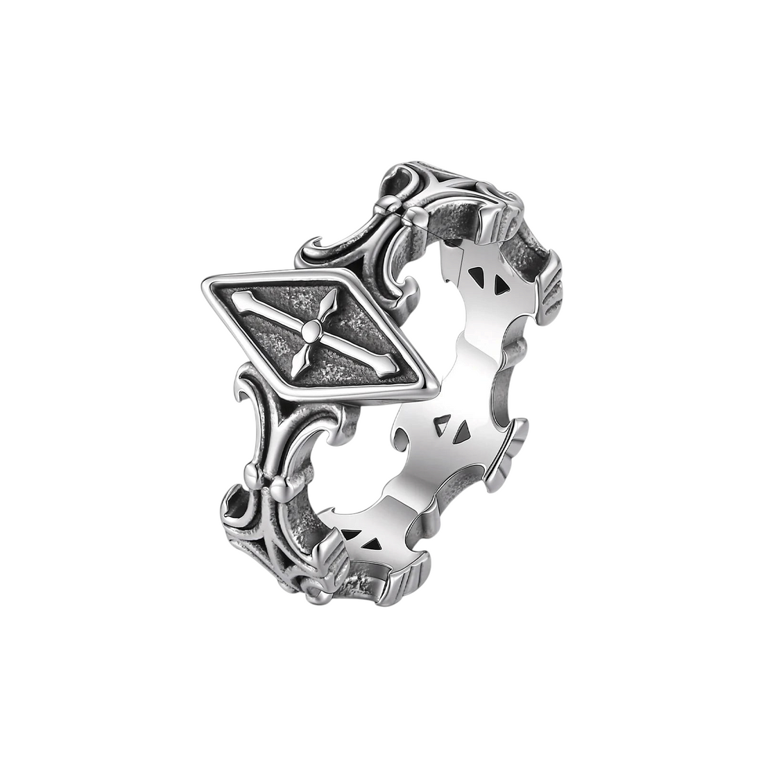 Aureliss Orion Kreuzring aus silberfarbenem Edelstahl mit detaillierten Gravuren und rautenförmigem Kreuz-Motiv