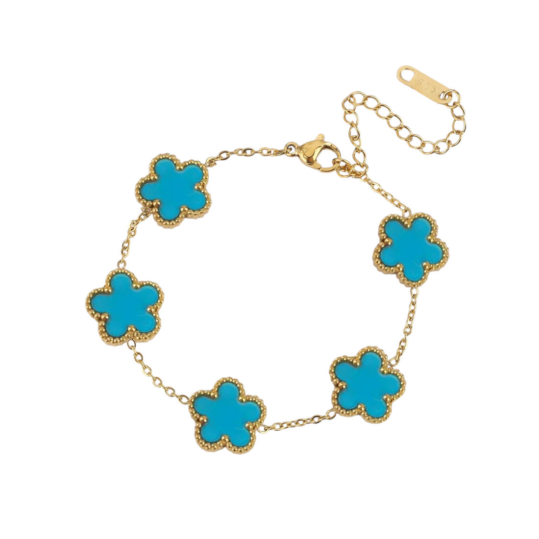 Aureliss Fynn Armband aus goldfarbenem Edelstahl mit fünf türkisfarbenen Blüten-Elementen und Karabinerverschluss