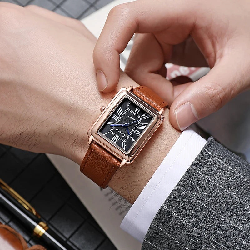 Aureliss Felix Herren-Quarzuhr mit rechteckigem Gehäuse, schwarzem Zifferblatt, römischen Ziffern und Lederarmband