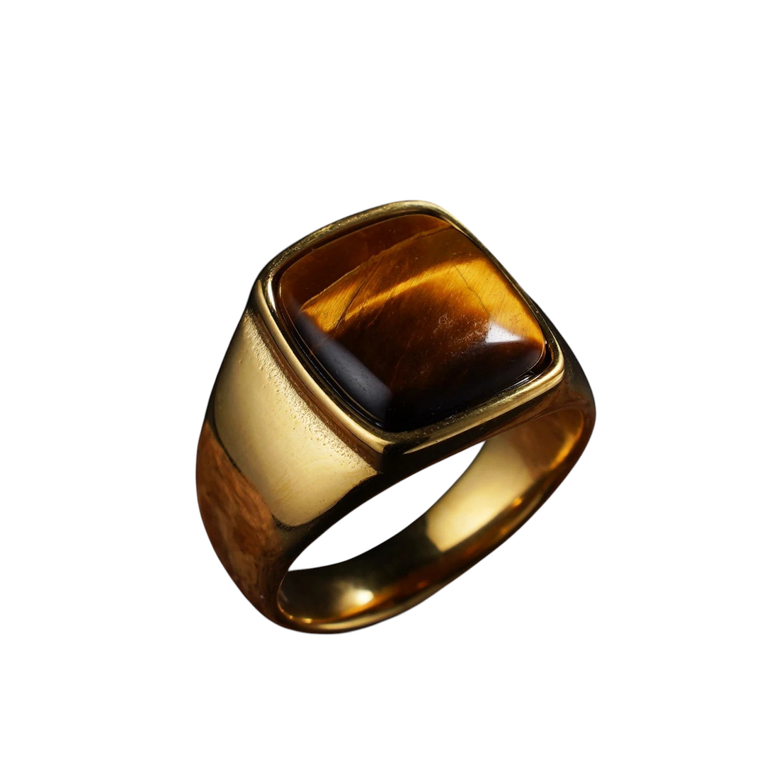 Aureliss Herrenring aus goldfarbenem Edelstahl mit quadratischem Tigerauge-Stein im eleganten Business-Stil