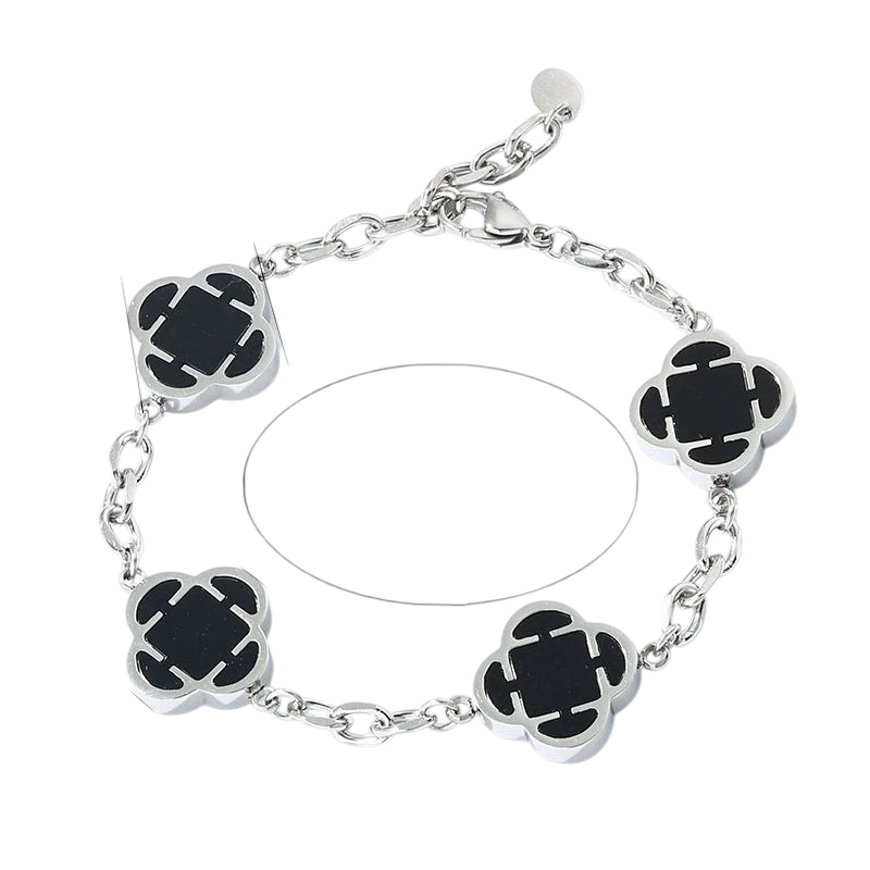 Aureliss Mika Armband aus silberfarbenem Edelstahl mit vier schwarzen Blütenblatt-Elementen und Gliederkette