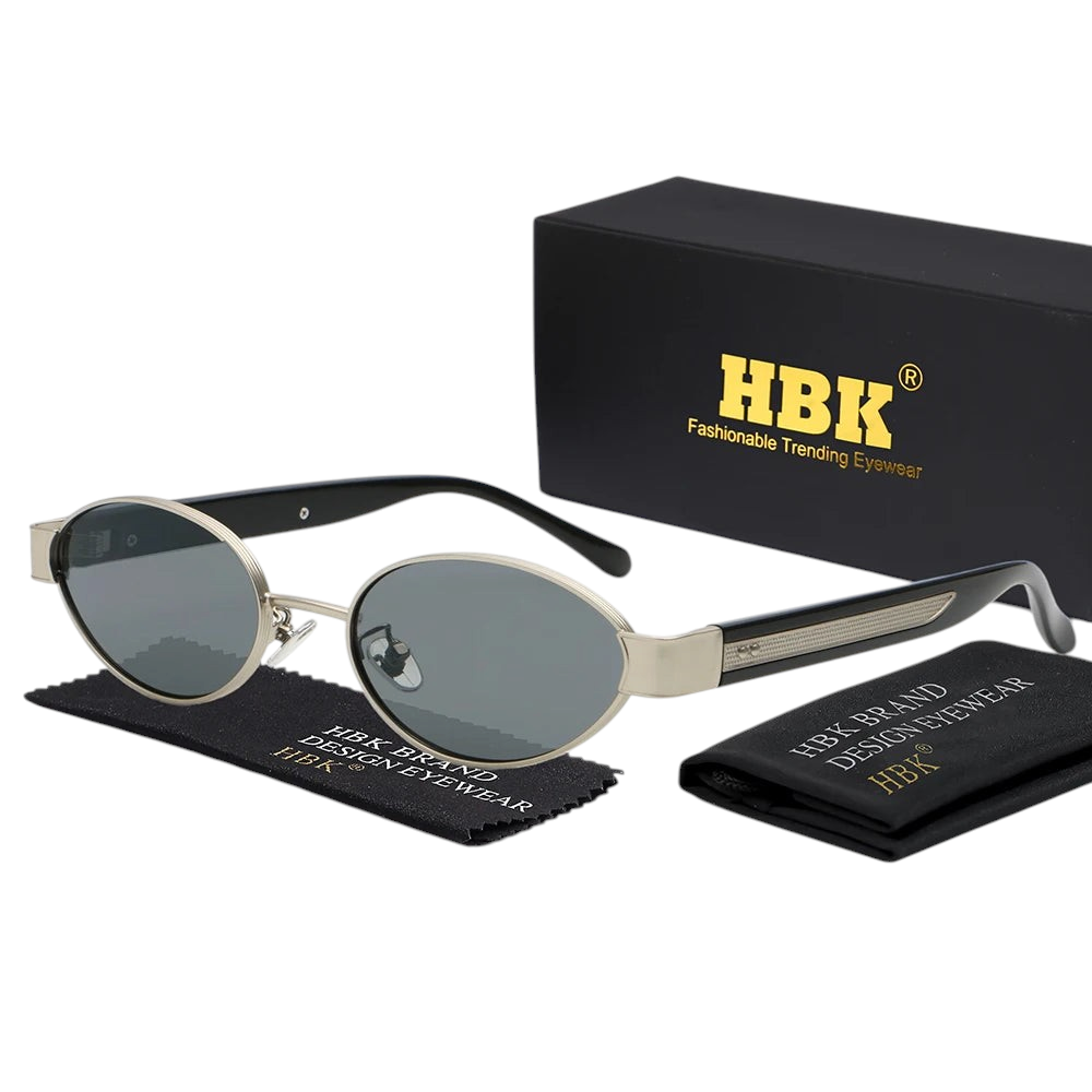 Aureliss Vance ovale Sonnenbrille mit schmalem gold-schwarzem Rahmen und grauen Gläsern im Retro-Look inklusive Etui