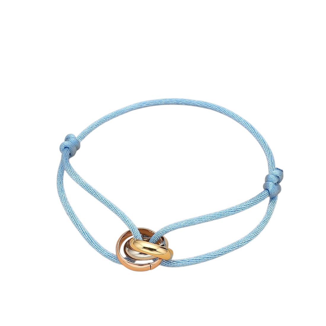 Aureliss Cruz Armband in Hellblau mit drei ineinander verschlungenen Edelstahlringen in Gold, Silber und Roségold