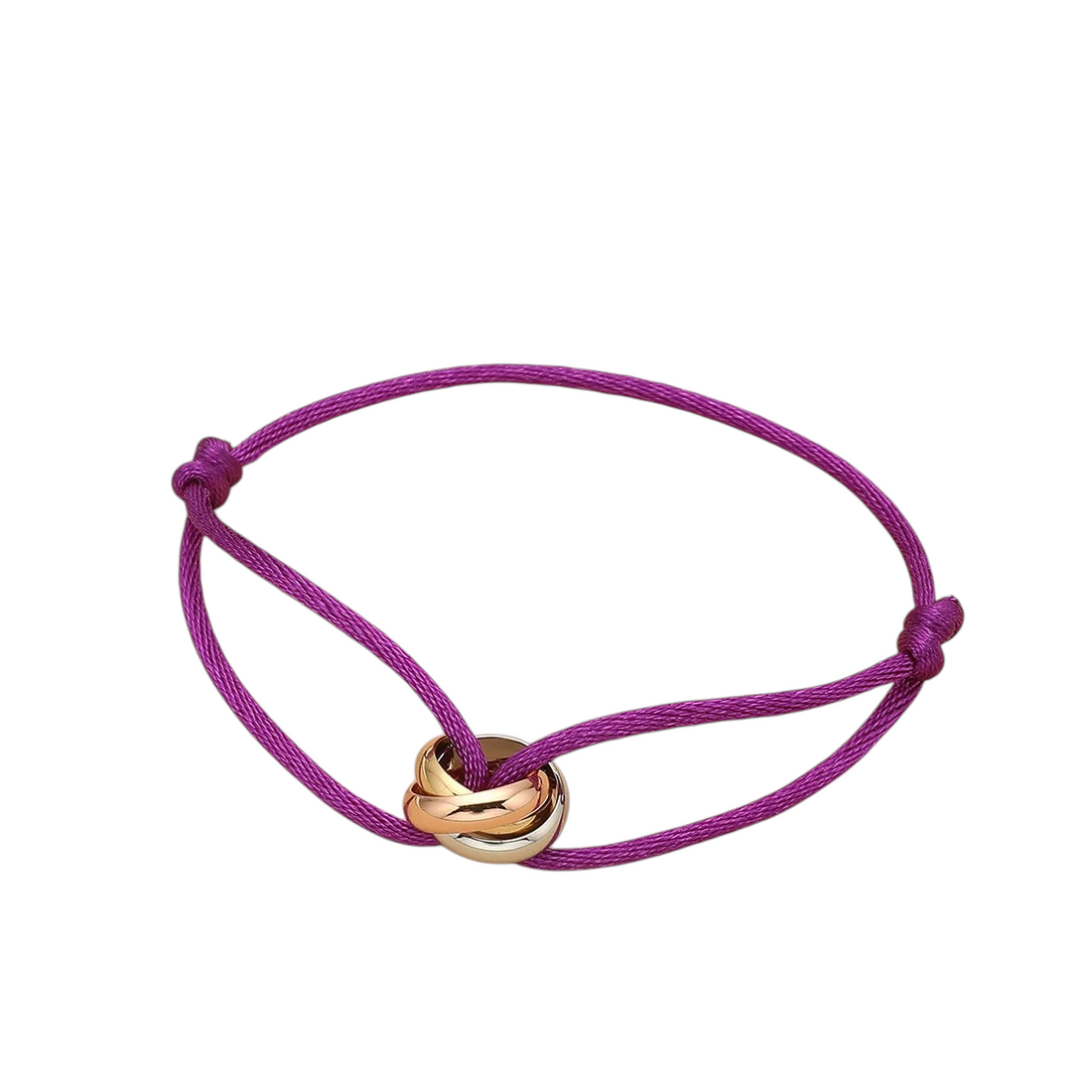 Aureliss Cruz Armband in Violett mit drei ineinander verschlungenen Edelstahlringen in Gold, Silber und Roségold.