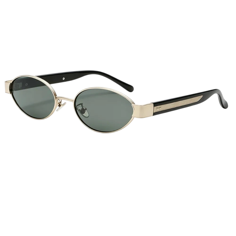 Aureliss Vance ovale Sonnenbrille im Retro-Stil mit schmalem goldfarbenem Rahmen und grünen Gläsern