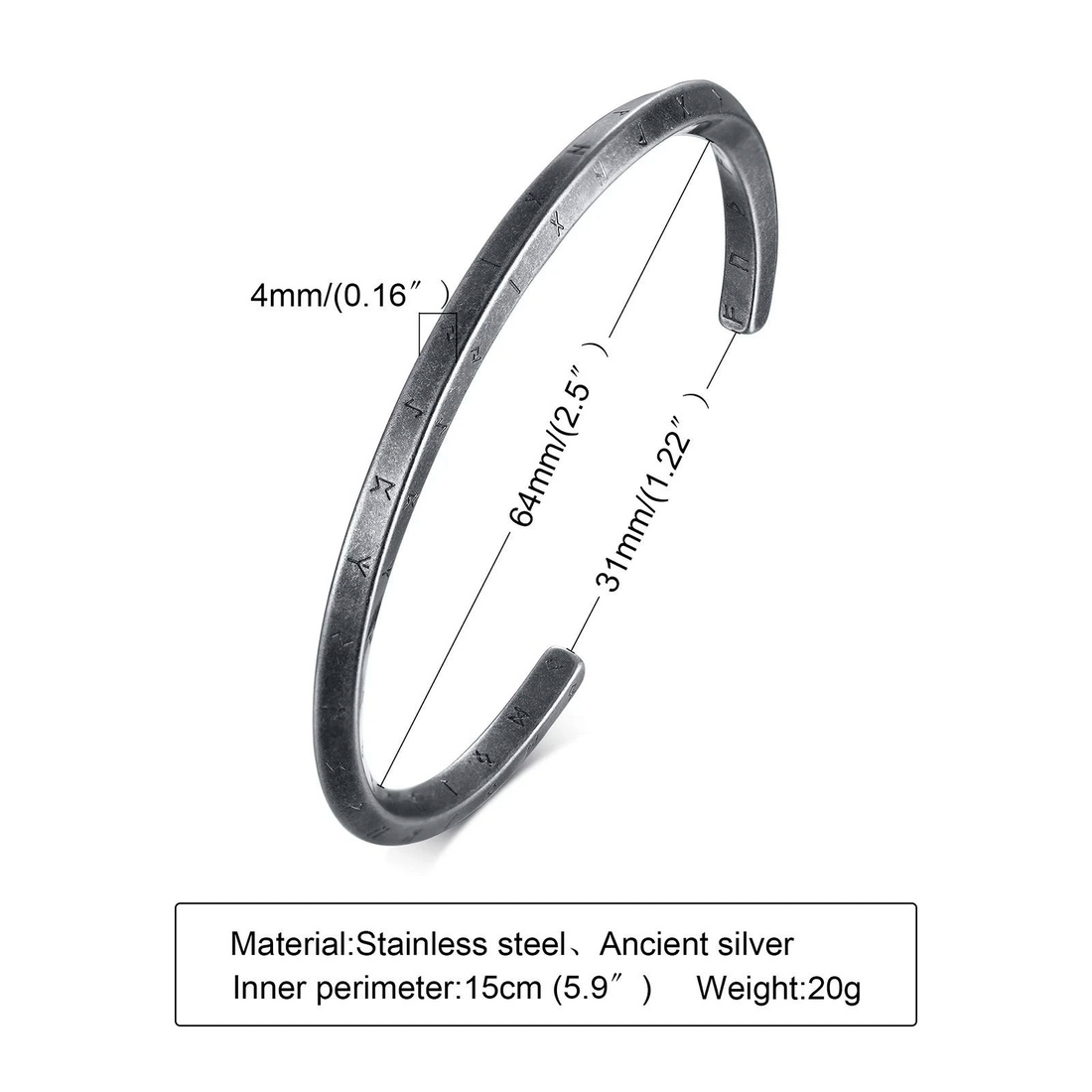 Aureliss Ryder Manschettenarmband aus grauem Edelstahl mit eingravierten Runen in schlichtem, offenem Design