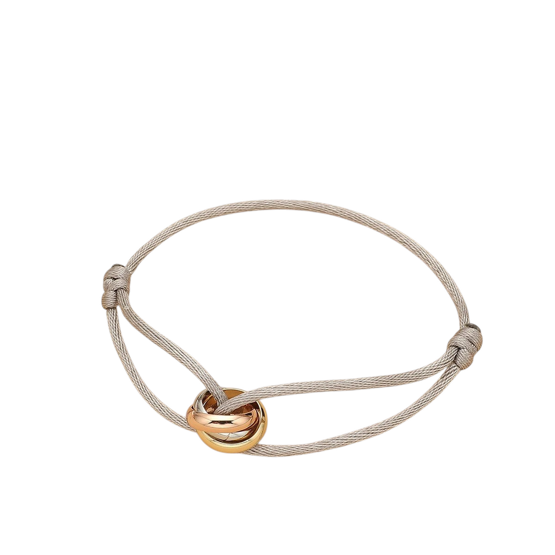 Aureliss Cruz Armband aus beigem Textilseil mit drei ineinander verschlungenen Ringen aus Edelstahl