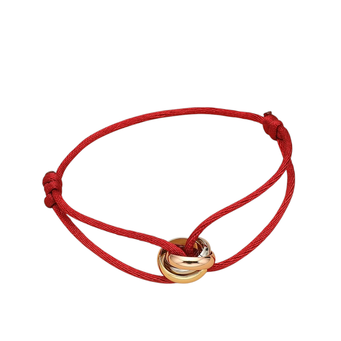 Aureliss Cruz Armband in Rot mit drei ineinander verschlungenen Ringen aus Edelstahl in Gold, Silber und Roségold