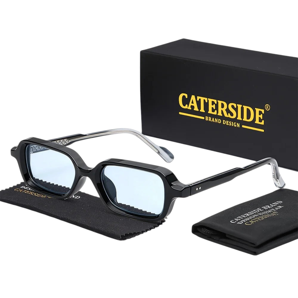 Aureliss Cole rechteckige Sonnenbrille mit schwarzem Kunststoffrahmen und hellblauen Gläsern inklusive Etui
