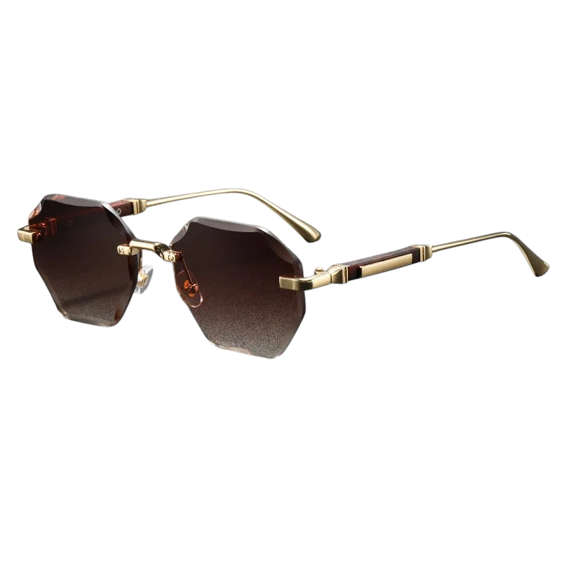 Aureliss Jett randlose Sonnenbrille mit goldenem Metallrahmen und braunen, achteckigen Polycarbonat-Gläsern