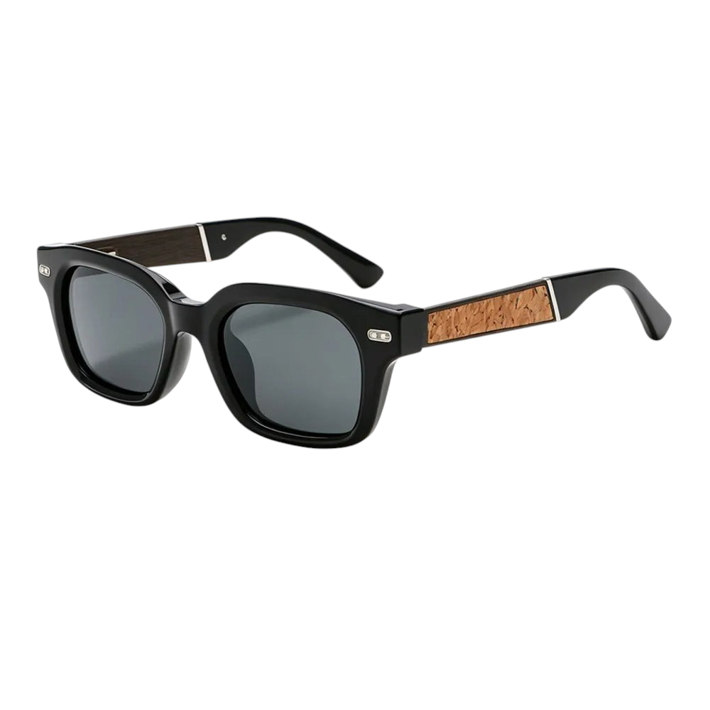 Aureliss Hudson Sonnenbrille in Schwarz mit quadratischem Kunststoffrahmen und markanten Kork-Details an den Bügeln