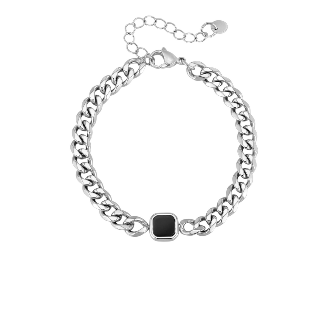 Aureliss Havana Panzerarmband aus silberfarbenem Edelstahl mit schwarzem quadratischem Element und Karabinerverschluss