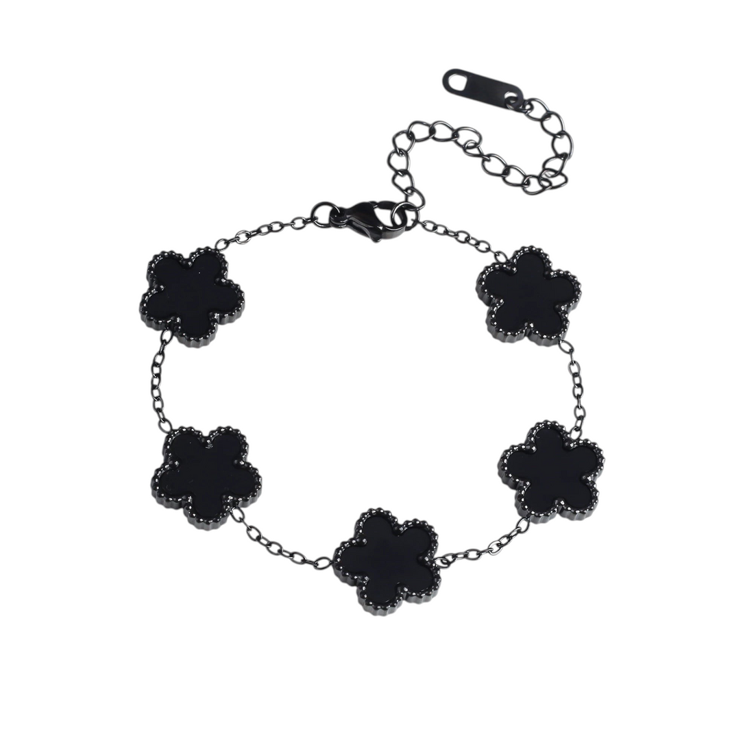 Aureliss Fynn Armband aus schwarzem Edelstahl mit fünf filigranen Blüten-Anhängern und verstellbarem Verschluss