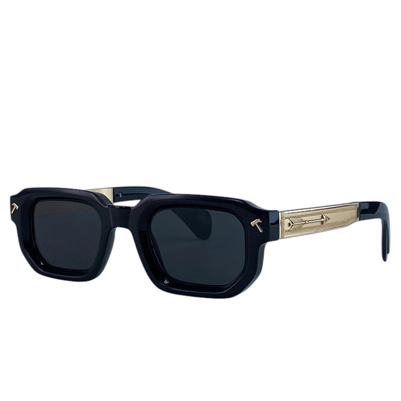 Aureliss Axel quadratische Herren-Sonnenbrille mit schwarzem Rahmen, dunklen Gläsern und goldenen Bügeldetails