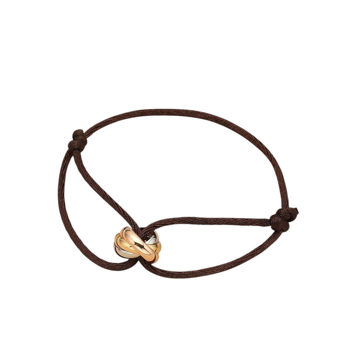 Aureliss Cruz Armband aus braunem Textilseil mit drei ineinander verschlungenen Edelstahlringen in Gold und Silber