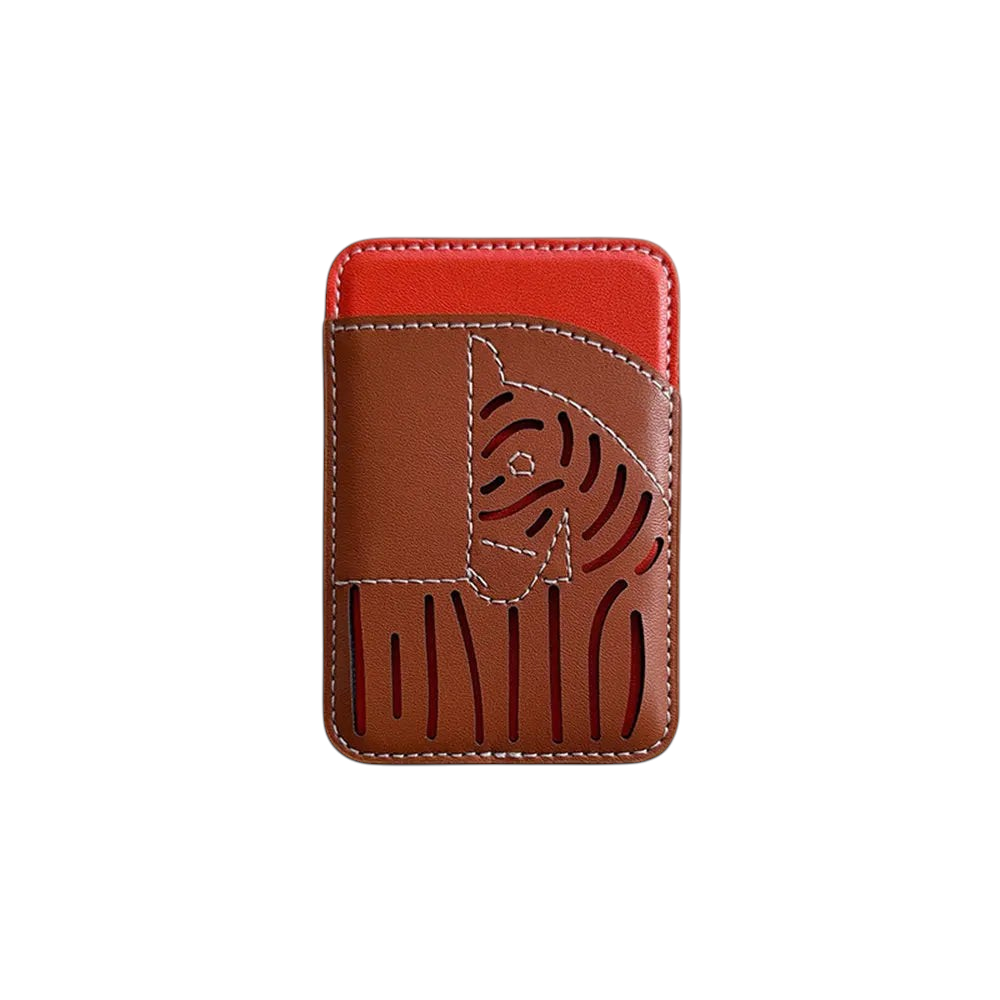 Aureliss magnetische Kartenhalter Tasche aus braunem Kunstleder mit rotem Akzent und lasergeschnittenem Zebra-Muster