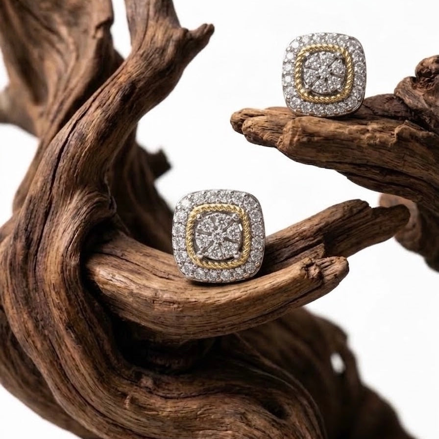 Aureliss quadratische Ohrstecker in Silber und Gold mit funkelnden Edelsteinen auf einem dekorativen Holzstück
