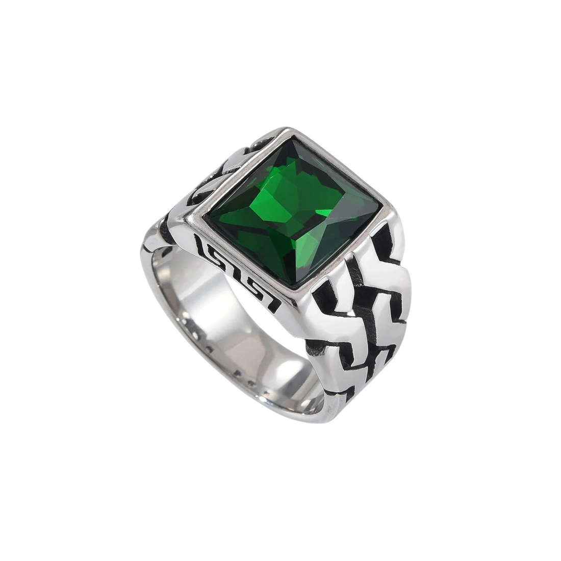 Aureliss Elias Herrenring aus Edelstahl mit quadratischem grünem Schmuckstein und detailliertem Muster am Ringband