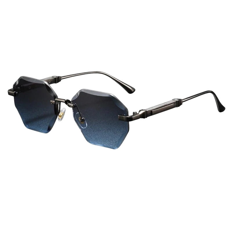 Aureliss Jett randlose Sonnenbrille mit achteckigen blau getönten Polycarbonat-Gläsern und schwarzem Metallrahmen