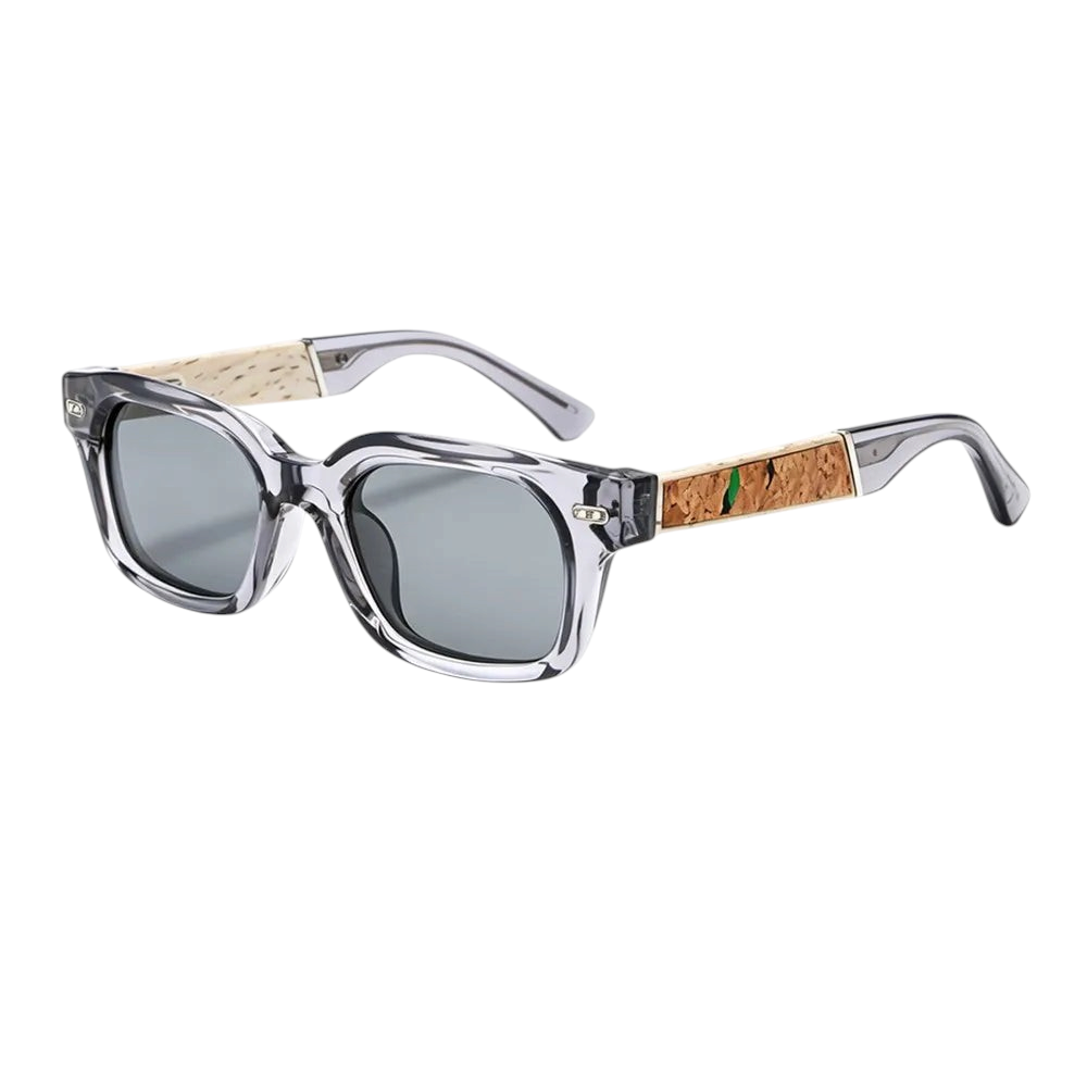 Aureliss Hudson Sonnenbrille in Grau mit quadratischem Kunststoff-Rahmen und markanten Kork-Details an den Bügeln