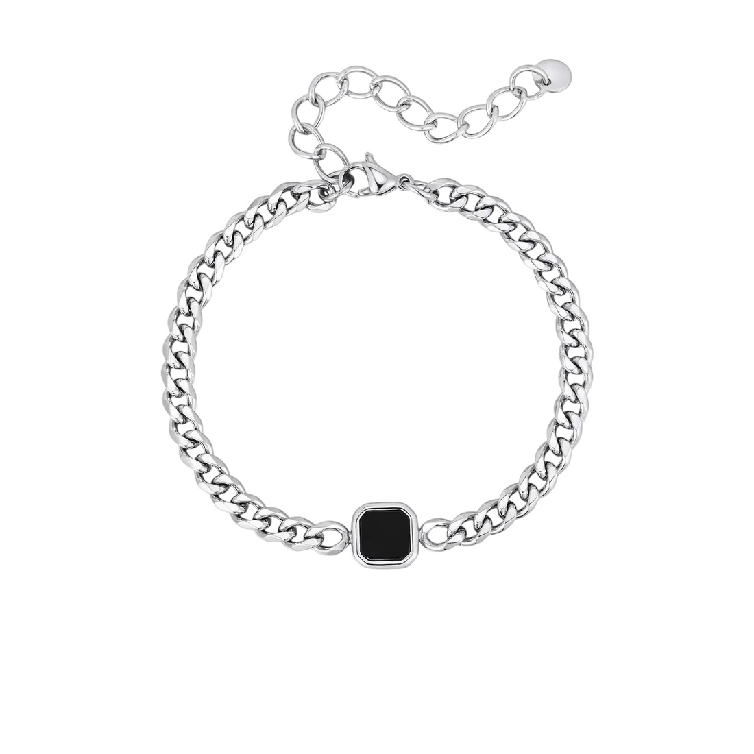 Aureliss Havana Panzerarmband aus silberfarbenem Edelstahl mit schwarzem quadratischem Element und Karabinerverschluss