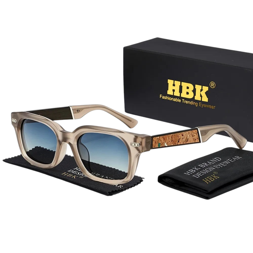 Aureliss Hudson quadratische Sonnenbrille in Beige mit Kork-Details an den Bügeln und blauem Farbverlauf-Glas