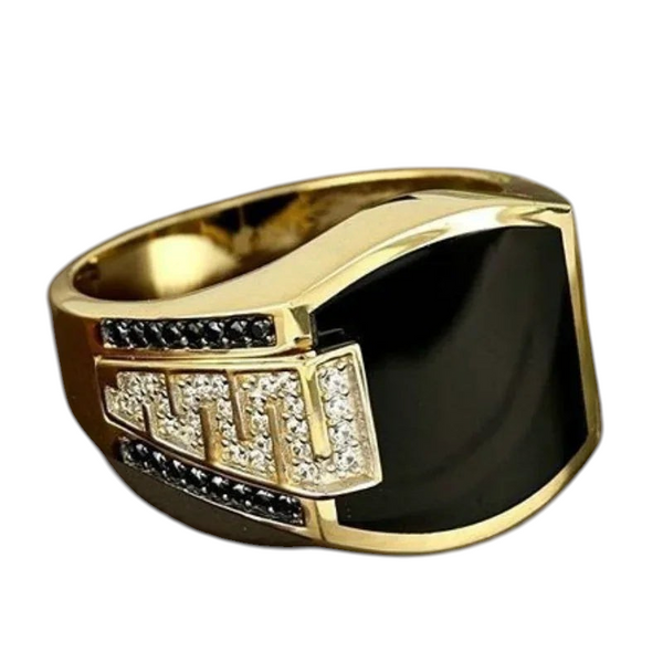 Aureliss Herrenring in Goldoptik mit schwarzem Stein, Zirkonia-Akzenten und geometrischem Design