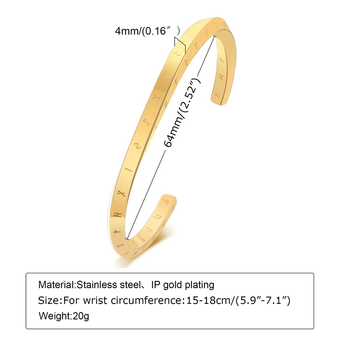 Aureliss Ryder Manschettenarmband aus goldfarbenem Edelstahl mit eingravierten Symbolen und offenen Enden