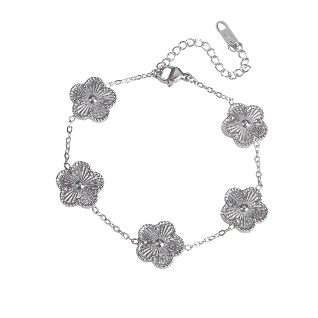 Aureliss Fynn Armband aus silberfarbenem Edelstahl mit fünf filigranen Blüten-Anhängern und Karabinerverschluss