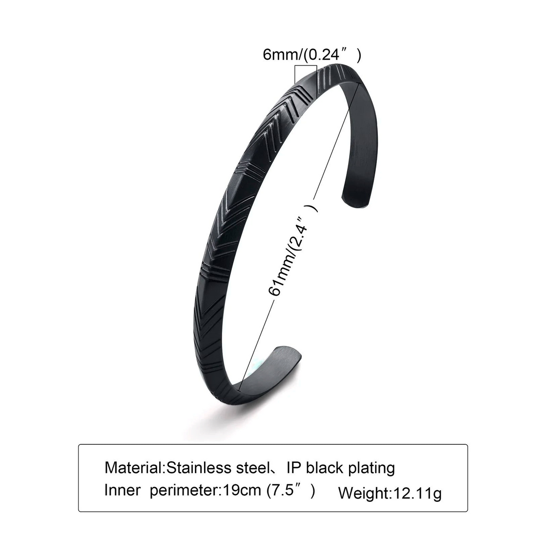 Aureliss Ryder Manschettenarmband aus schwarzem Edelstahl mit eingraviertem Fischgrätmuster im offenen Design