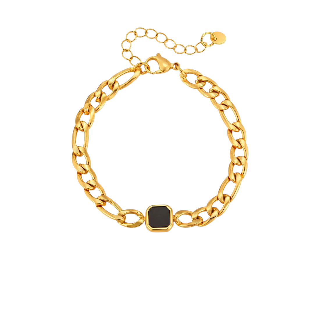 Aureliss Havana Panzerarmband in Gold mit schwarzem quadratischem Stein und Karabinerverschluss aus Edelstahl