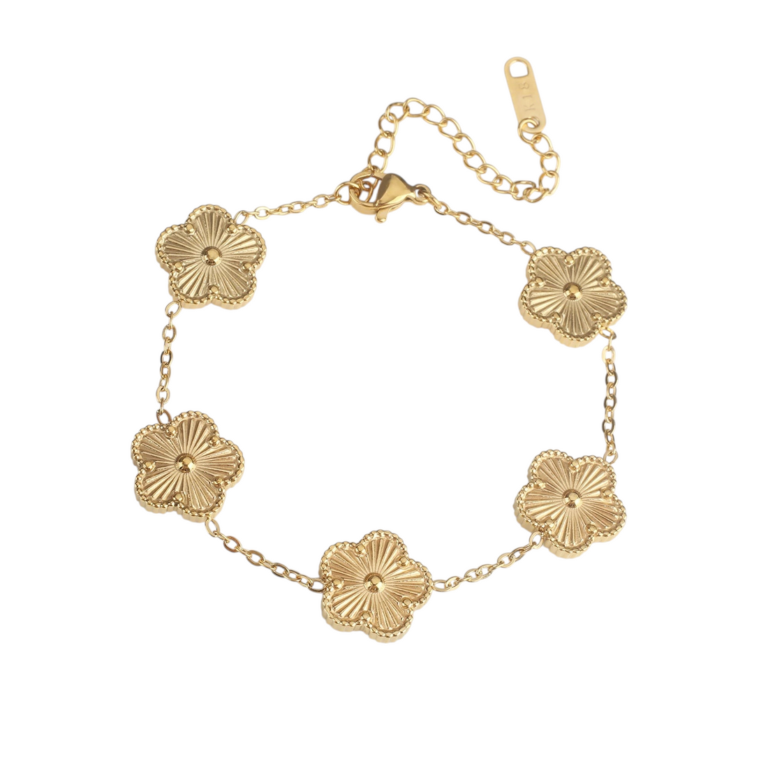Aureliss Fynn Armband aus goldfarbenem Edelstahl mit fünf filigranen Blüten-Anhängern an einer feinen Gliederkette