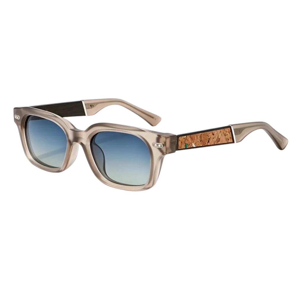 Aureliss Hudson Sonnenbrille mit quadratischem Rahmen in Braun-Blau und Bügeln mit Kork-Optik und UV400-Schutz