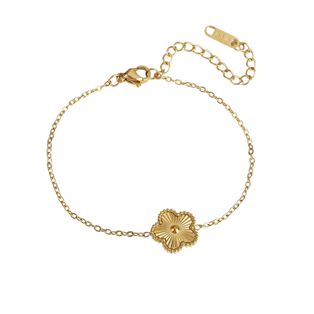 Aureliss Fynn Armband aus goldfarbenem Edelstahl mit filigranem Blüten-Motiv und verstellbarer Kette