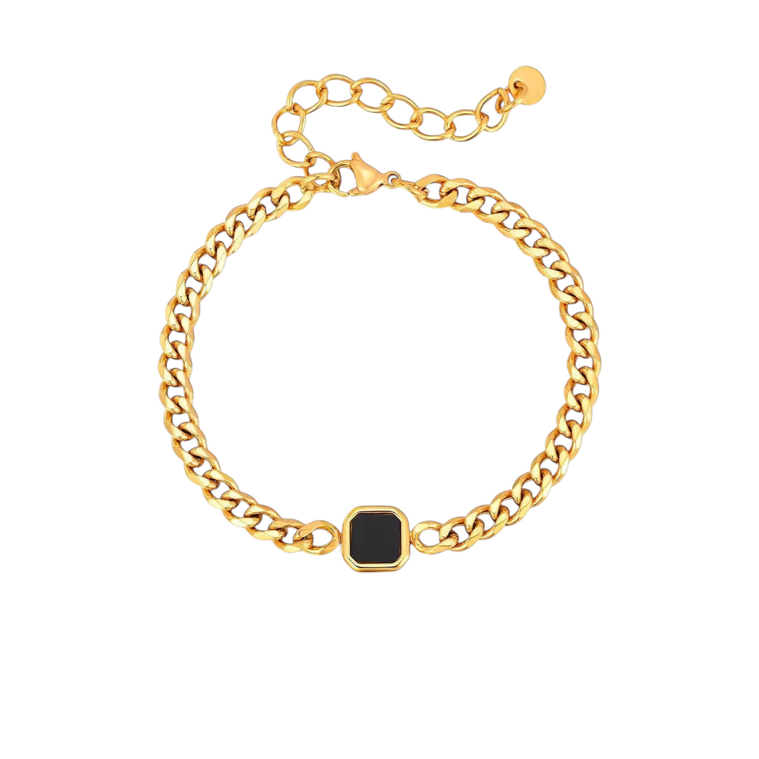 Aureliss Havana Panzerarmband aus goldfarbenem Edelstahl mit schwarzem quadratischem Anhänger und Karabinerverschluss