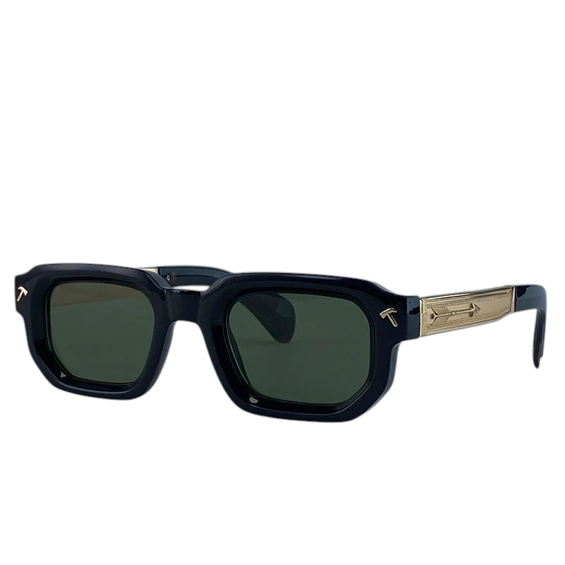 Aureliss Axel quadratische Herren-Sonnenbrille mit schwarzem Rahmen, grünen Gläsern und goldenen Bügeldetails