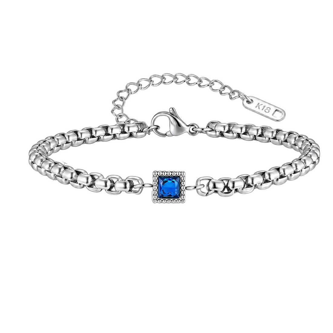 Aureliss Rex Armband aus Edelstahl mit quadratischen Gliedern und blauem Zirkonia-Anhänger, verstellbare Länge