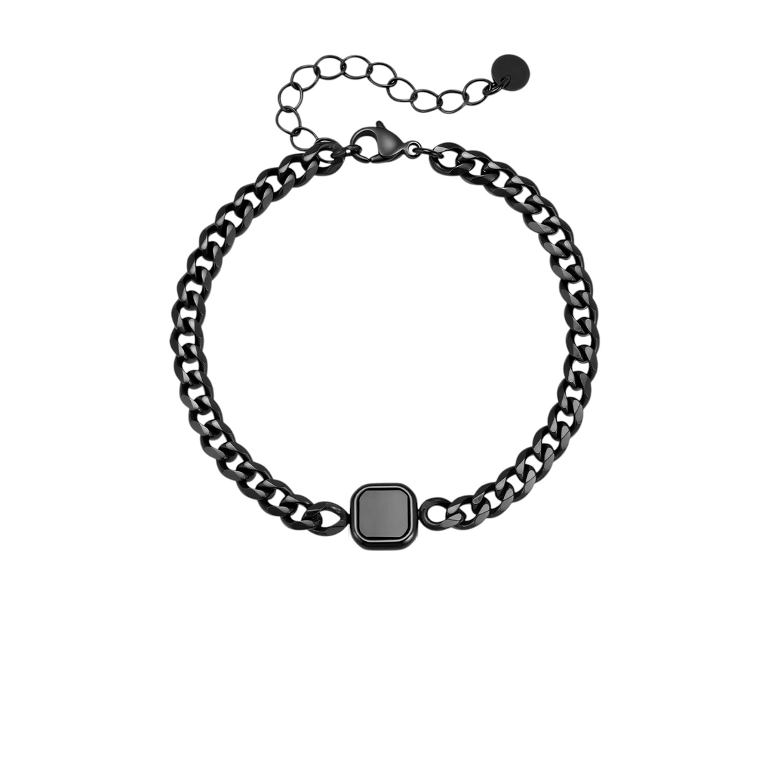 Schwarzes Aureliss Havana Panzerarmband aus Edelstahl mit quadratischem Element und praktischem Karabinerverschluss