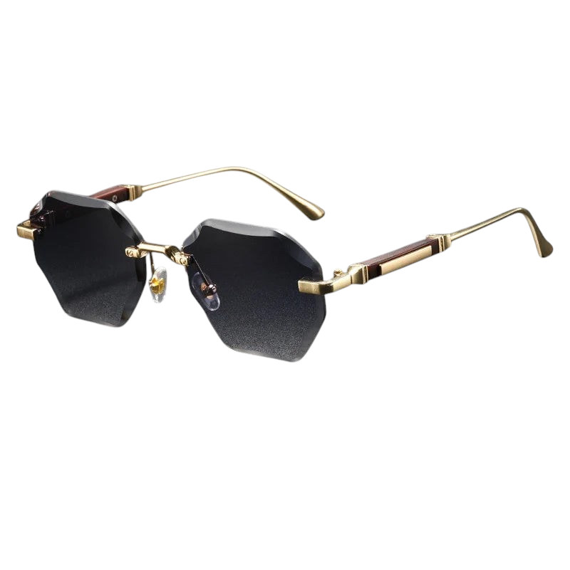 Aureliss Jett randlose Sonnenbrille mit sechseckigen schwarzen Gläsern und goldfarbenem Metallrahmen