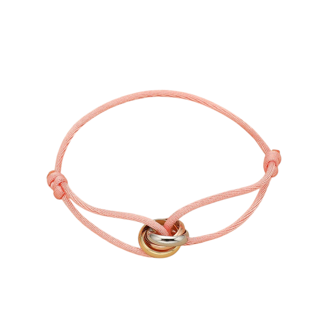 Aureliss Cruz Armband in Hellrosa mit drei ineinander verschlungenen Ringen aus Edelstahl in Gold, Silber und Roségold
