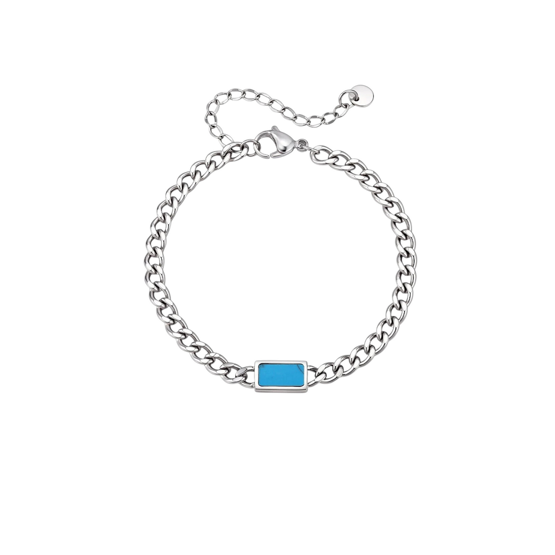 Aureliss Havana Panzerarmband aus silberfarbenem Edelstahl mit blauem rechteckigem Stein und Karabinerverschluss
