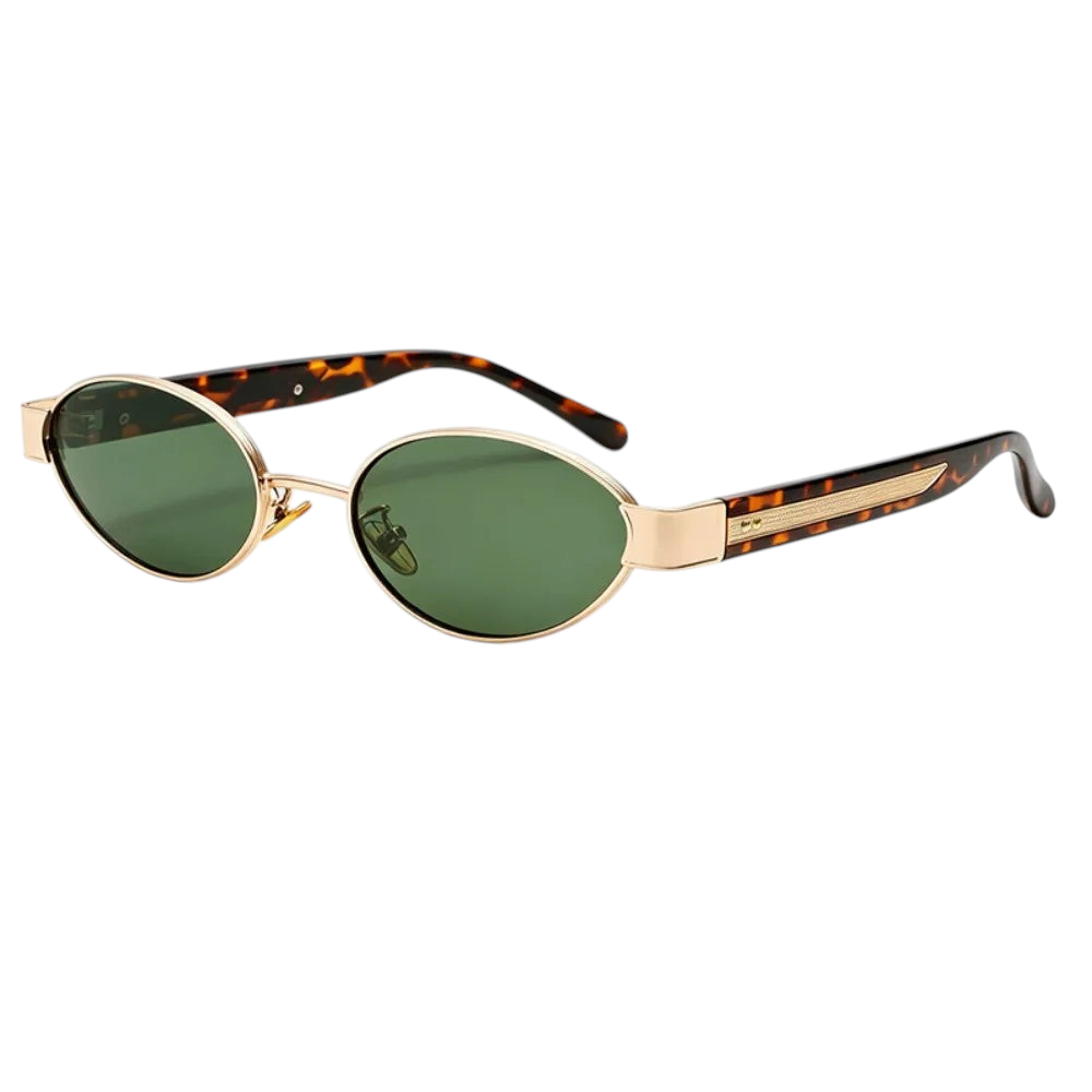 Aureliss Vance ovale Sonnenbrille im Retro-Stil mit grünem Glas, goldenem Rahmen und Bügeln in Schildpatt-Optik