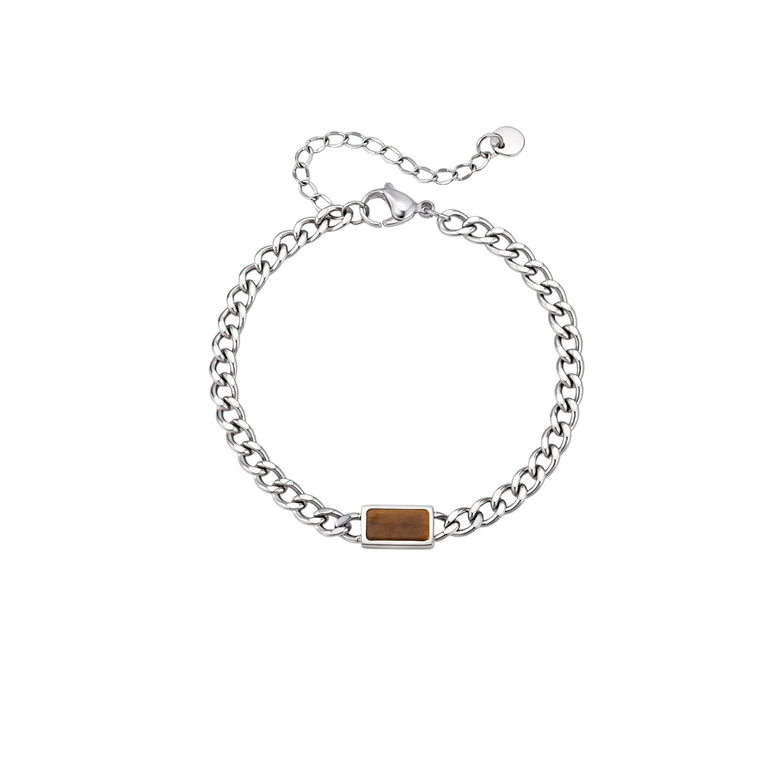 Aureliss Havana Panzerarmband aus silberfarbenem Edelstahl mit rechteckigem braunem Stein-Element und Karabiner